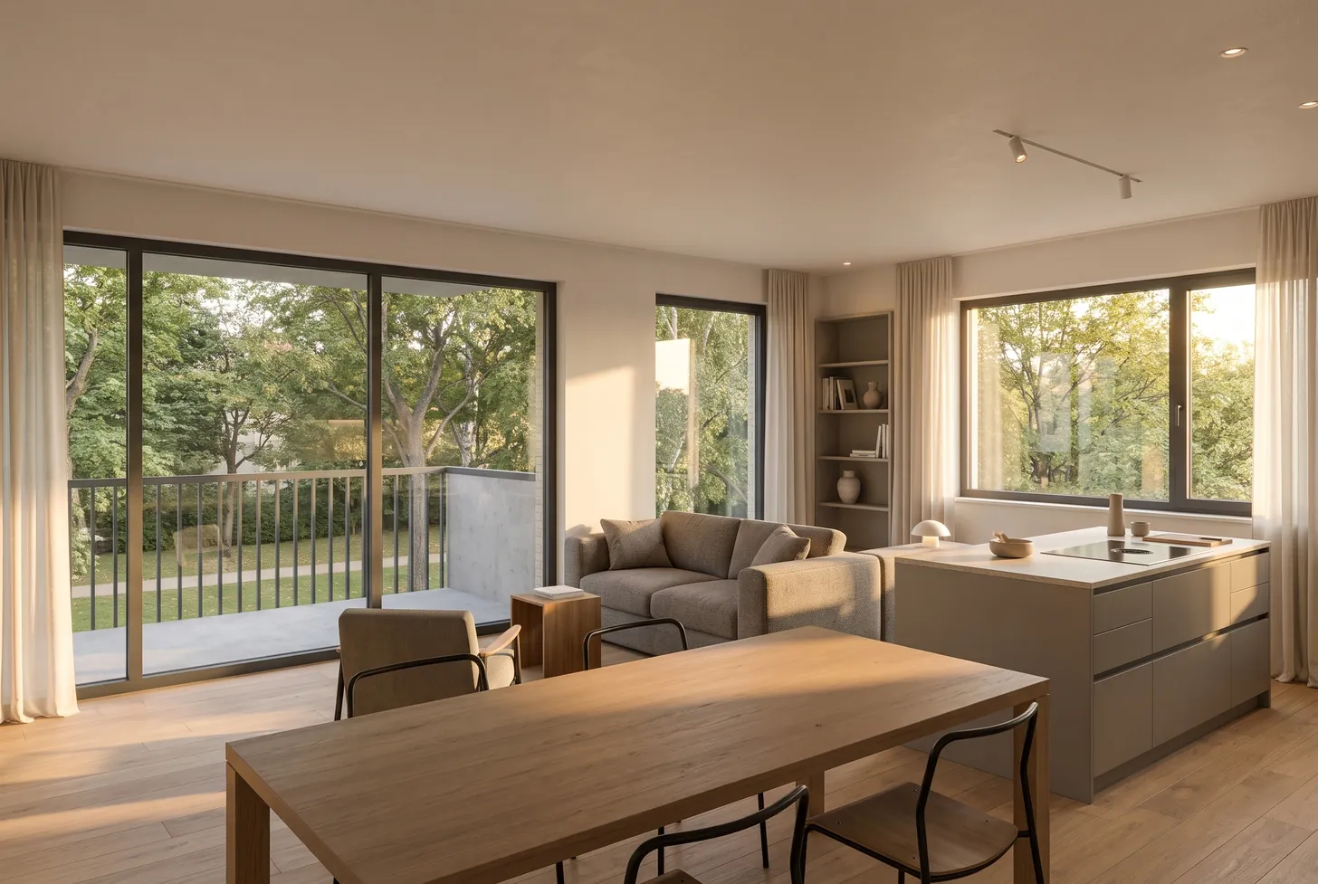 Living and dining area of home 2.1 with floor-to-ceiling windows, balcony and view into the park — illustrative visualisation