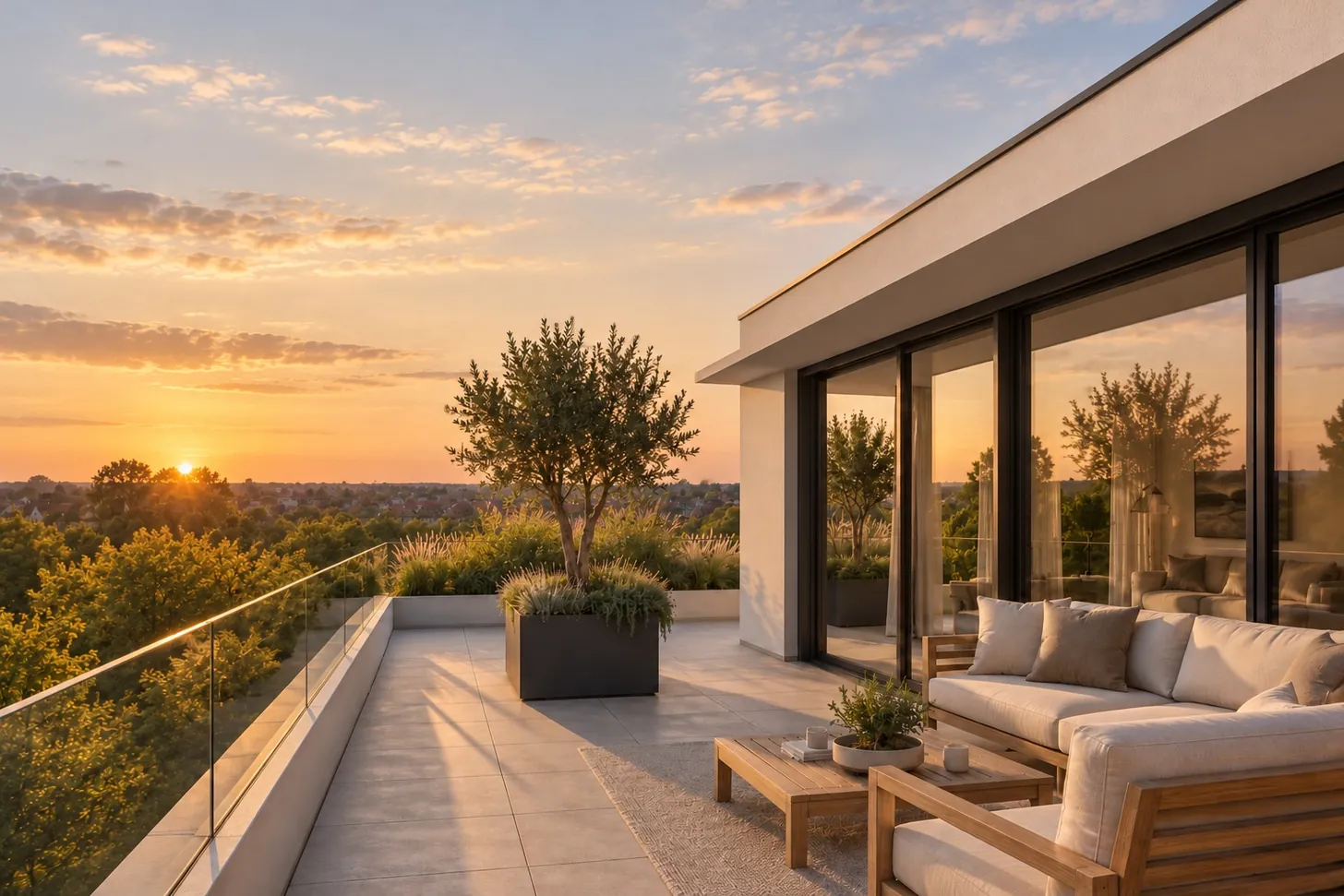 Roof terrace of penthouse 4.2 looking west over the treetops of the park — illustrative visualisation